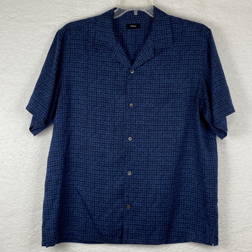 Theory Noll SS CC Navy Blue Cut‎ Clover Print Lyocell Button Down Shirt XL